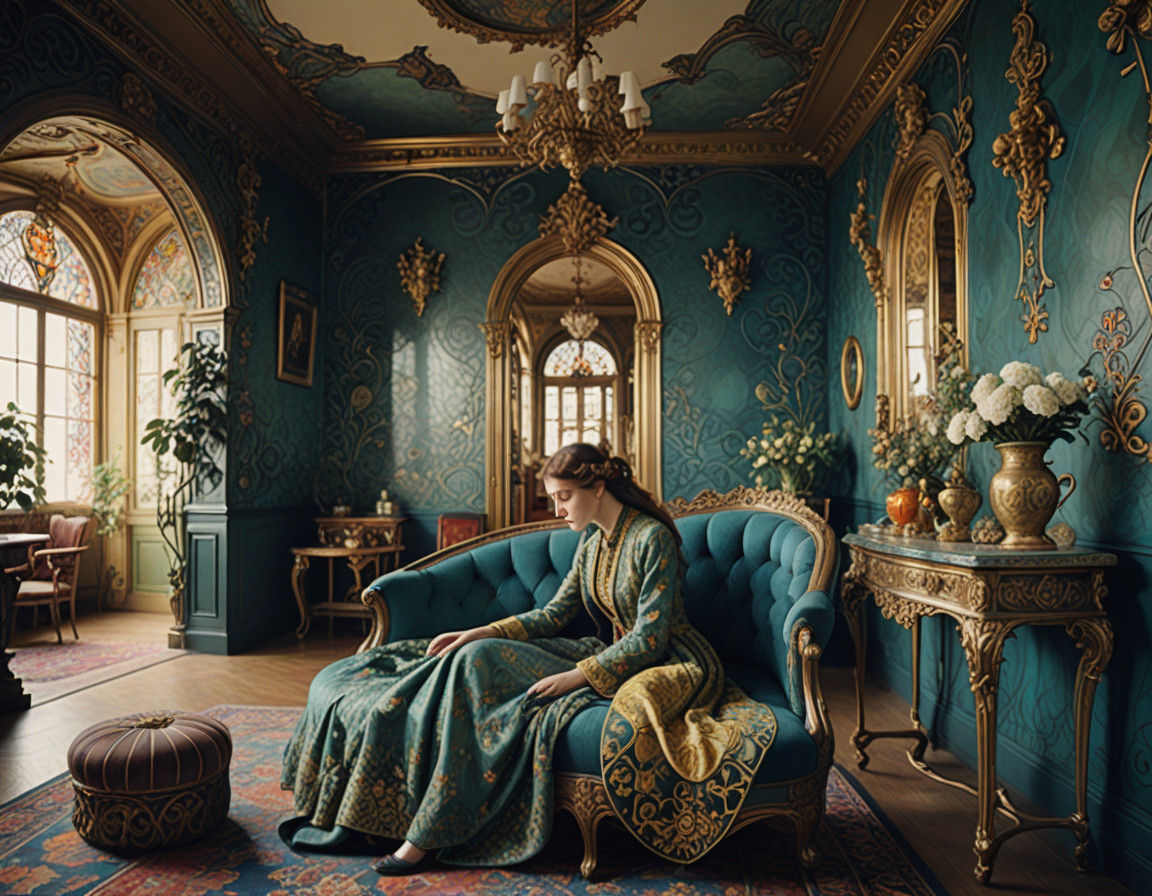 Vibrant Art Nouveau Interior in the Style of Fin-de-Siècle V...