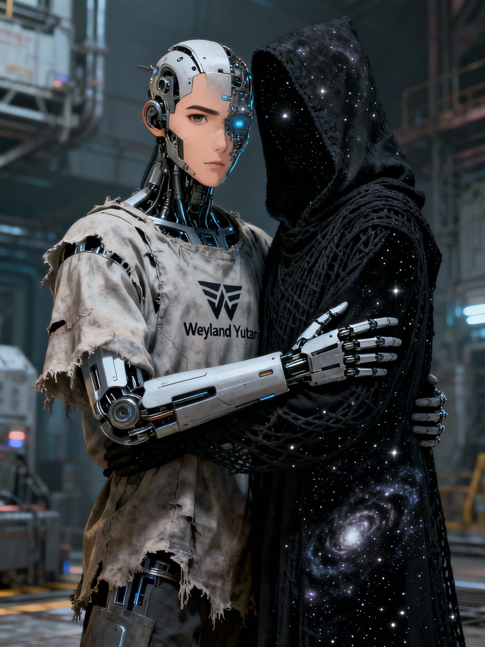 Cyberpunk Cyborg Embraces Cosmic Starlight Figure
