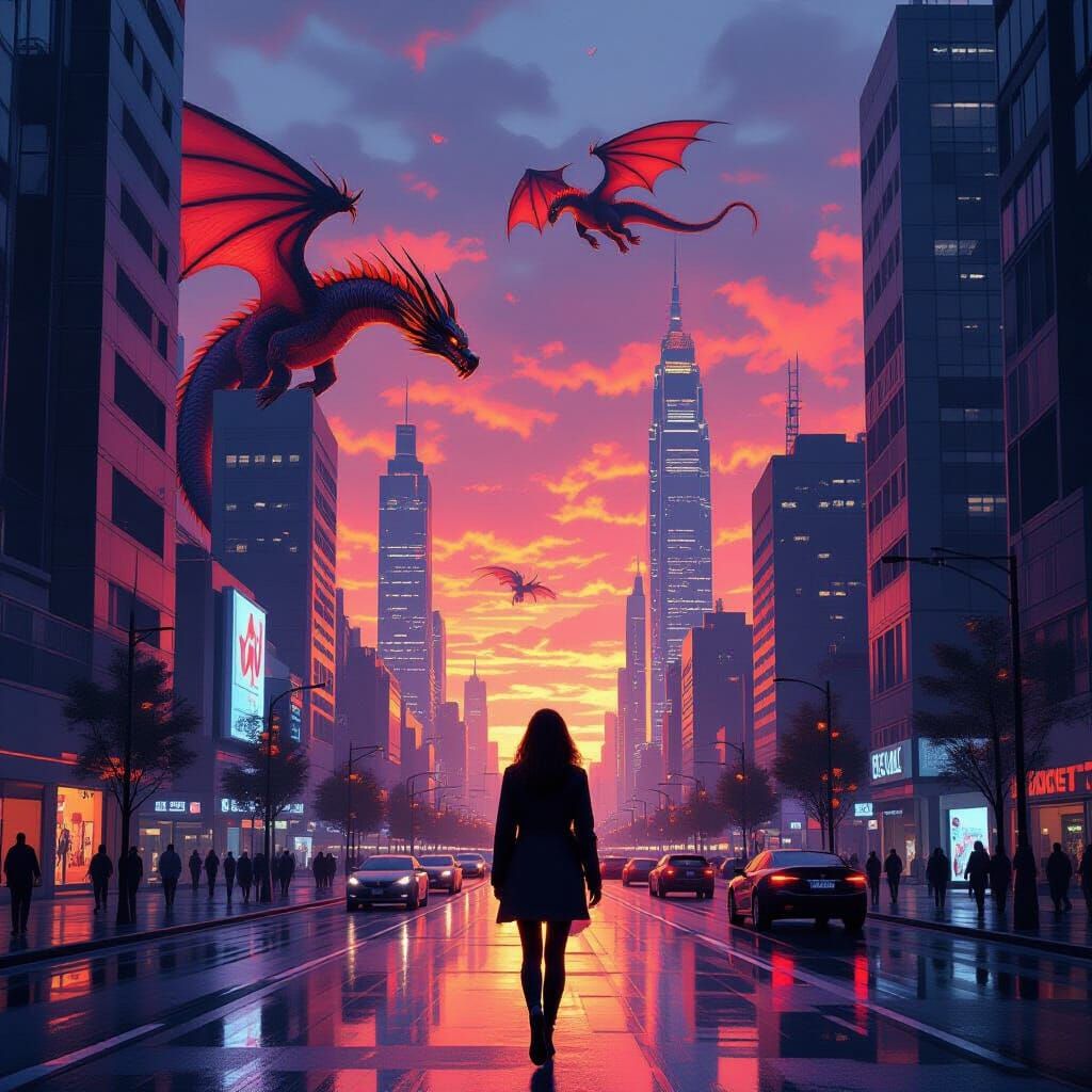 Dragons Over Neon City at Sunset