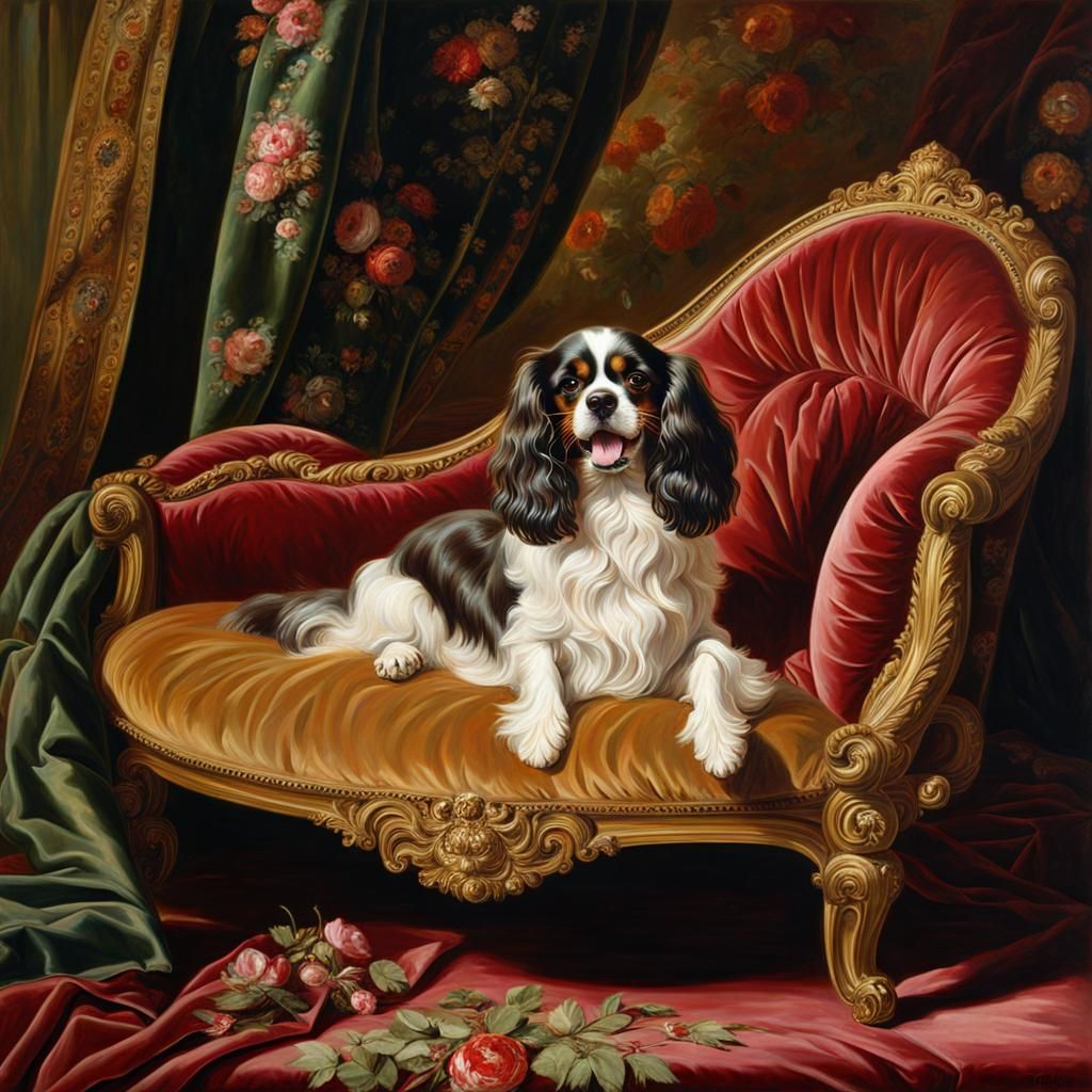 King Charles Spaniel on Chaise Longue, Baroque Style