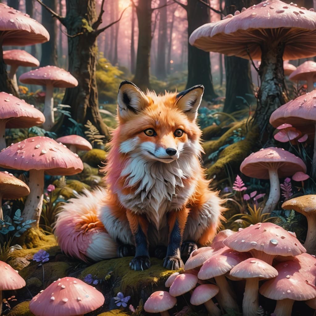 Pink Fox in Whimsical Mushroom Forest