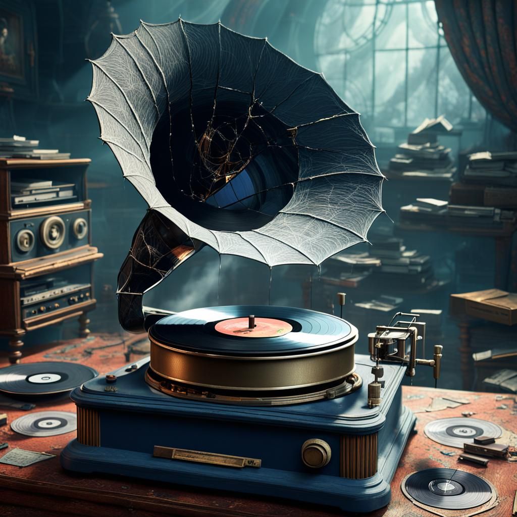 Eerie Vintage Gramophone with Cobwebs, Matte Painting
