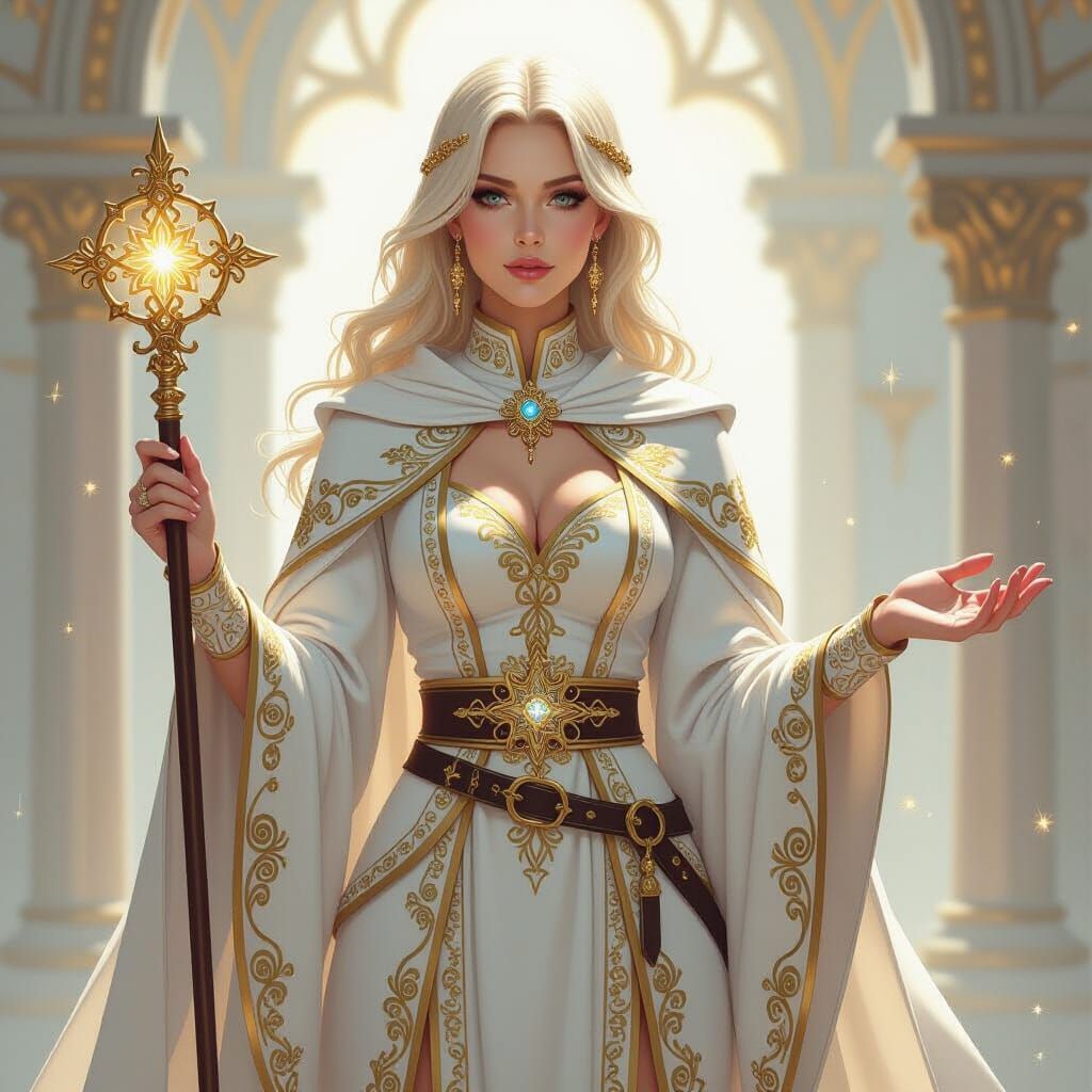 Aasimar Cleric Portrait in White and Gold Robes