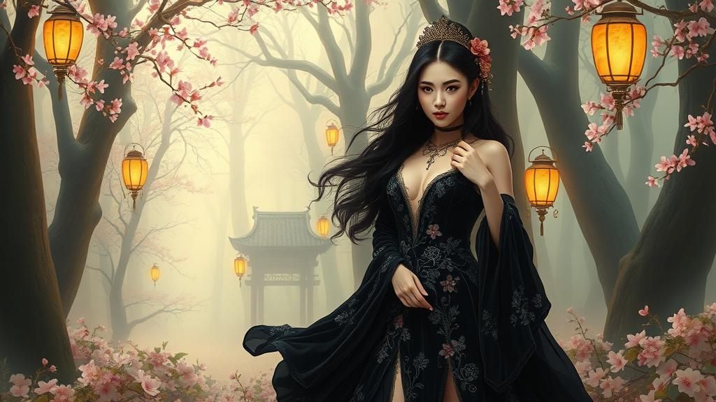 Asian Temptress in Ethereal Forest: Oil Painting
