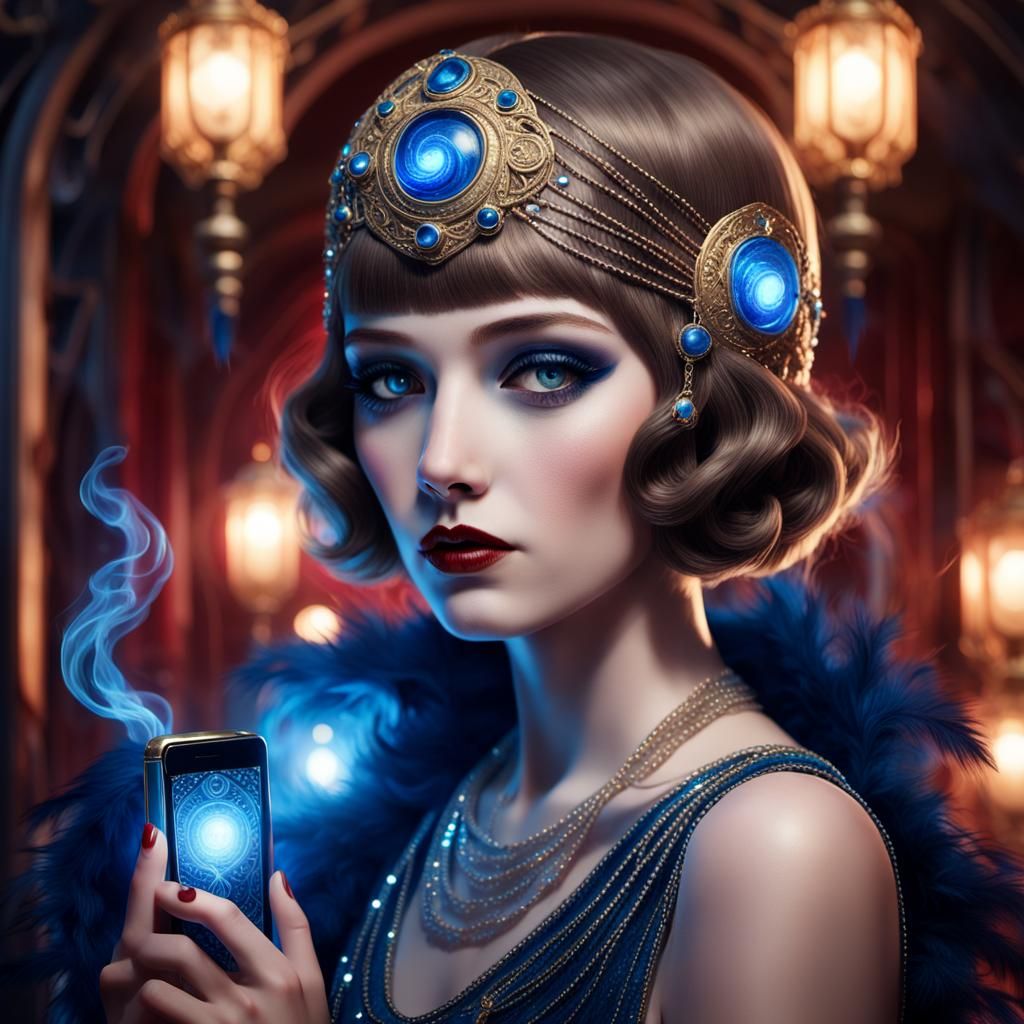 Art Deco Flapper with Glowing iPhone Advertisement