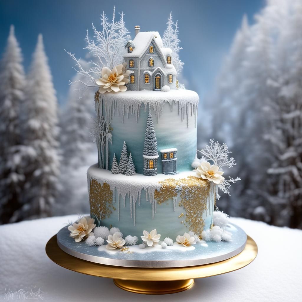 Icy Floral Cake: A Winter Fantasy in Gold and Silver