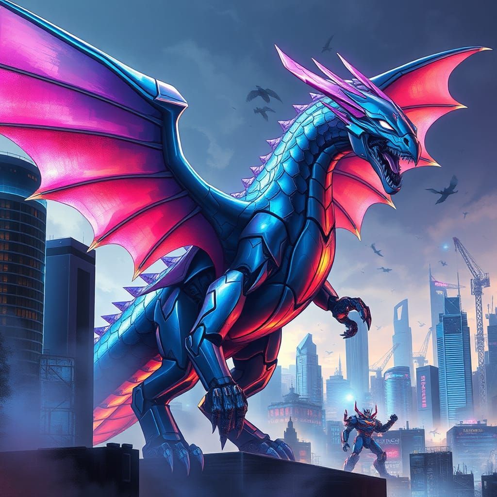 Iridescent Mecha Dragon Clash in Cyberpunk Cityscape