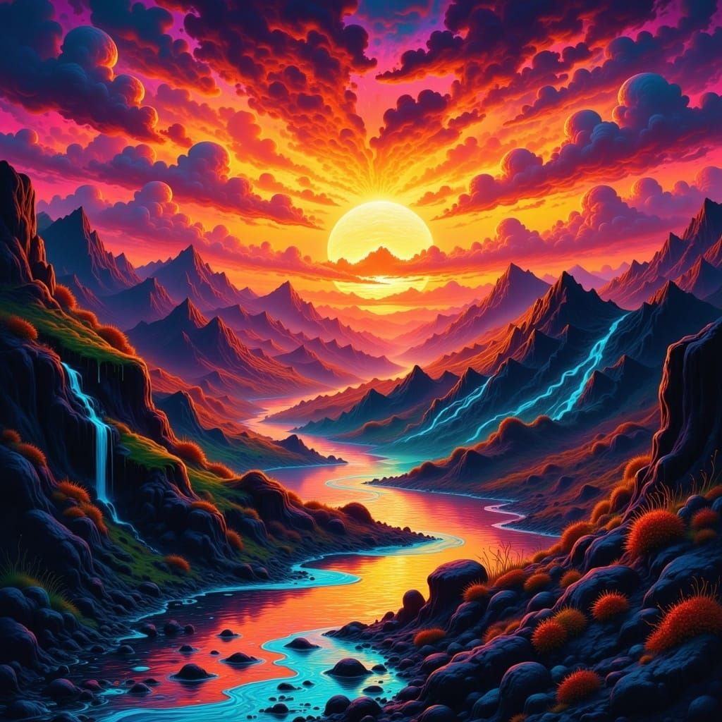 Sunrise Over Mountain Landscape in Biohazard Flux Style