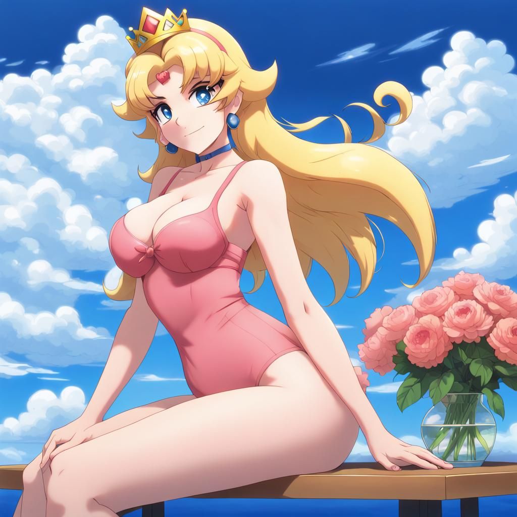 Anime Princess Peach in Swimsuit on Cloudy Sky