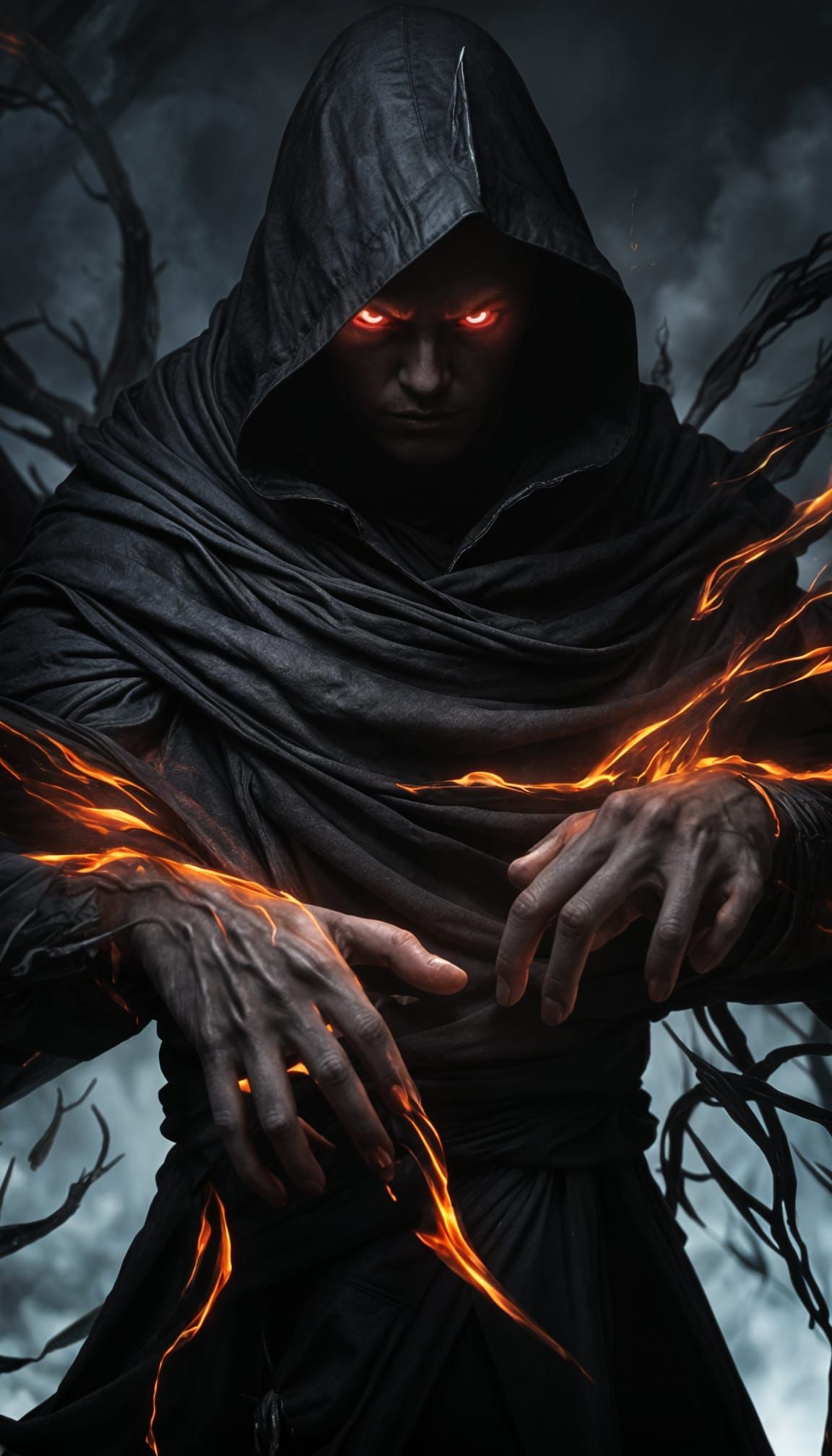 Dark Sorcerer Cloaked in Obsidian, Glowing Crimson Eyes