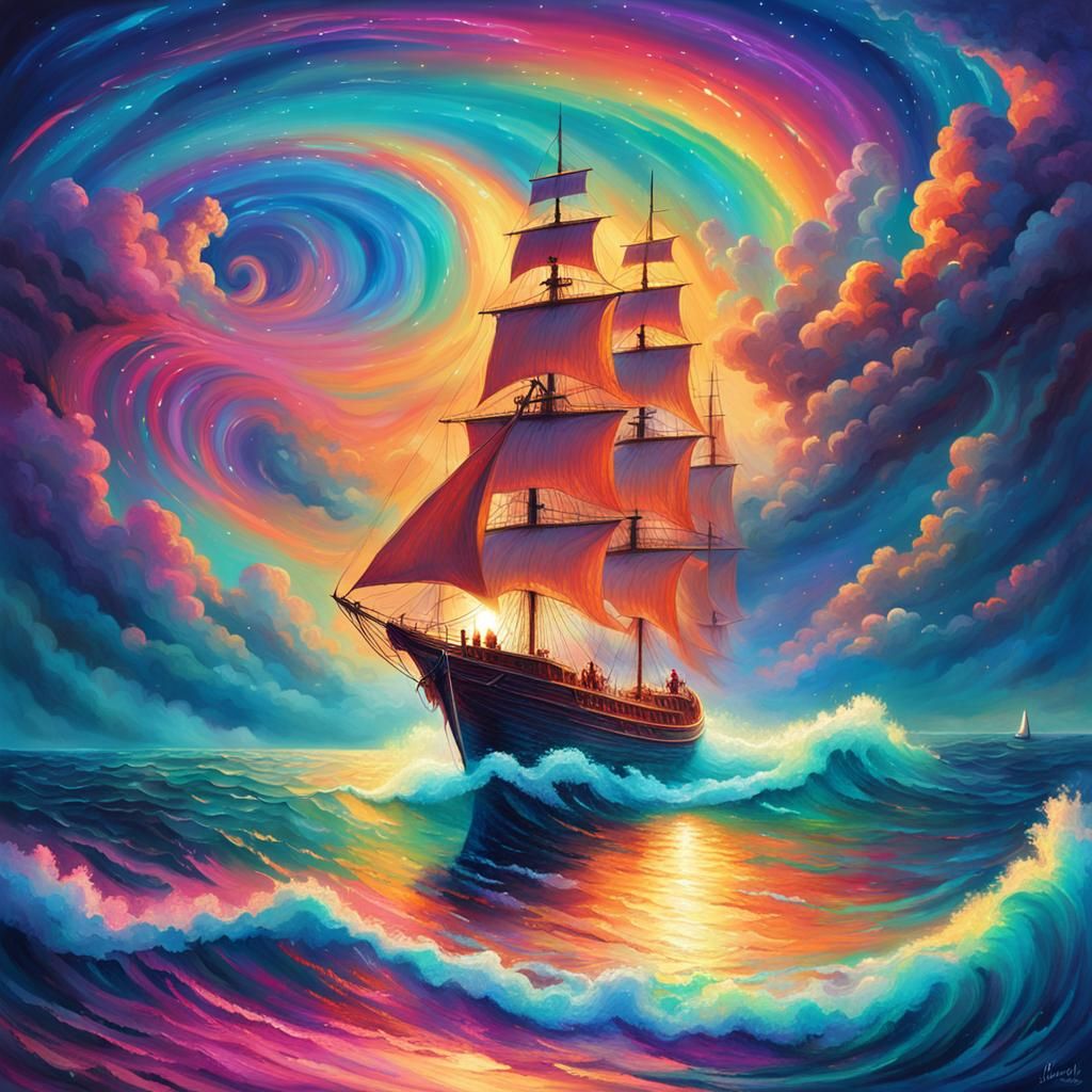 Holographic Sailboat in Surreal Fantasy Landscape