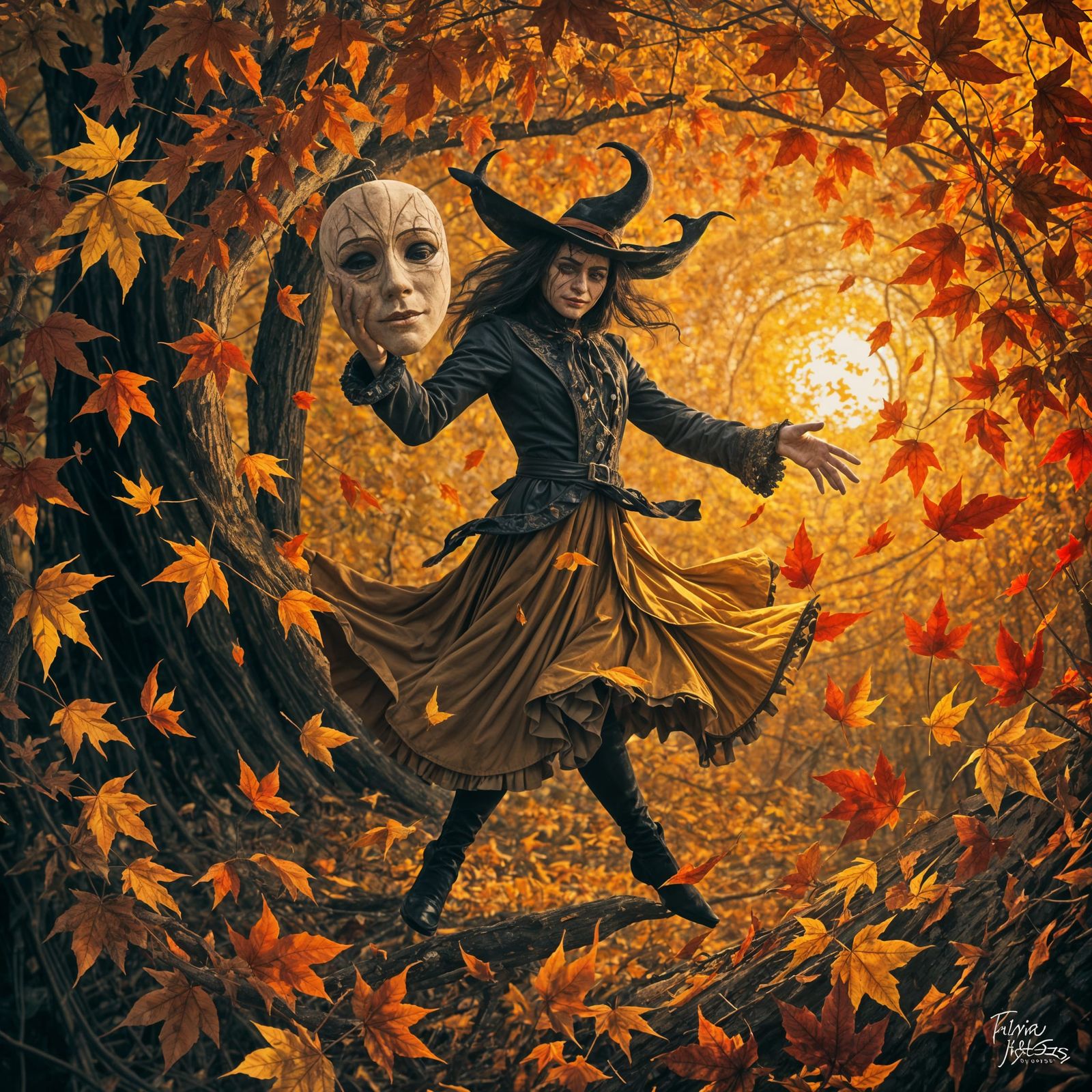 Trickster in Autumn Conjures Cracked Mask Amidst Whispering ...