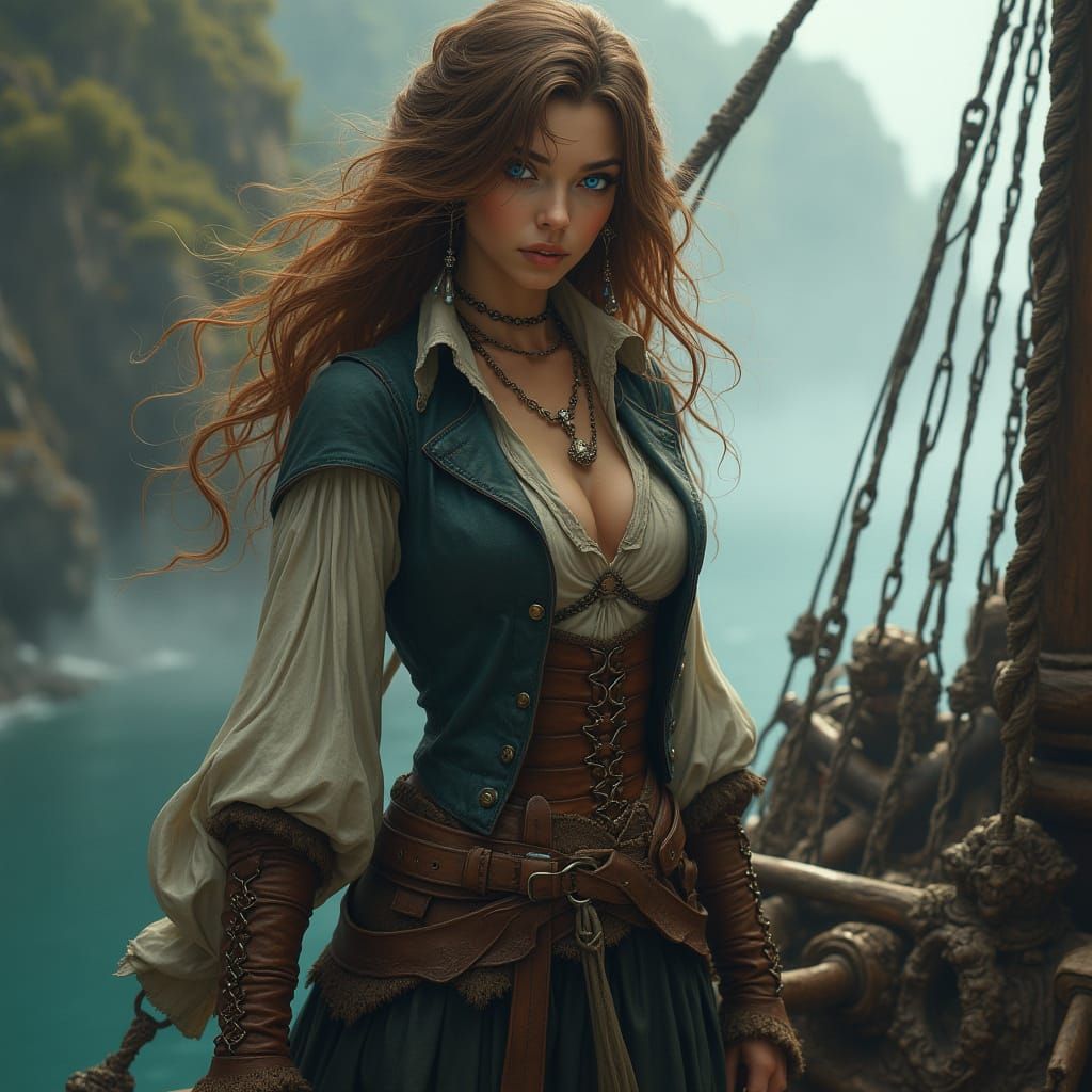Mysterious Pirate Woman on a Ship in Dreamy Style
