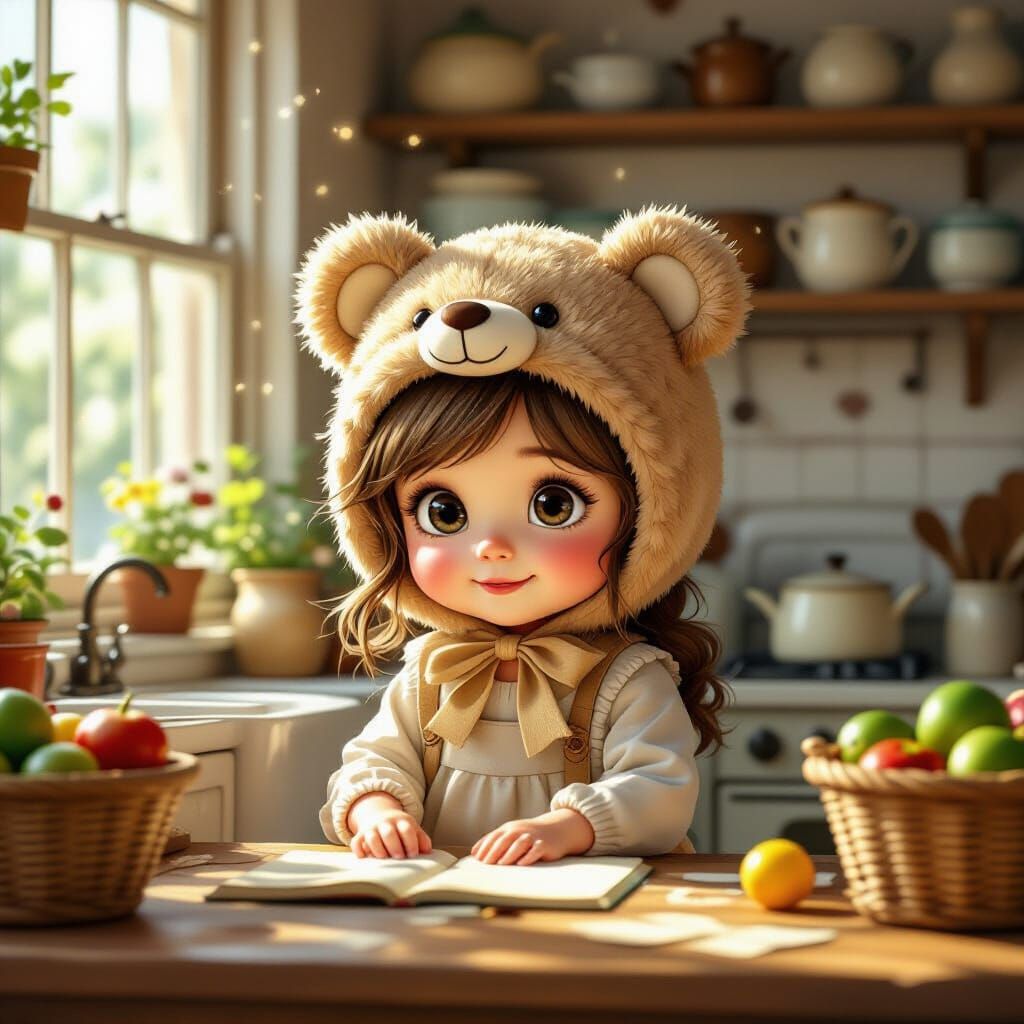 Girl in Teddy Bear Hat in Vintage Kitchen