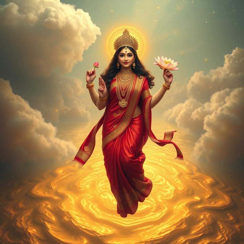 Lakshmi Floating Above Golden Ocean in Fantasy Realism