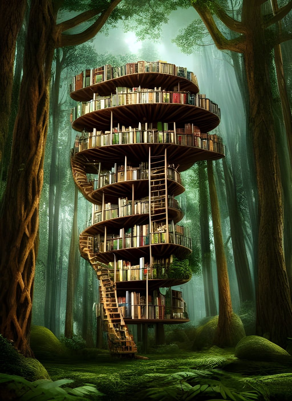 Magical Forest Library Treehouse in Hyperrealist Style