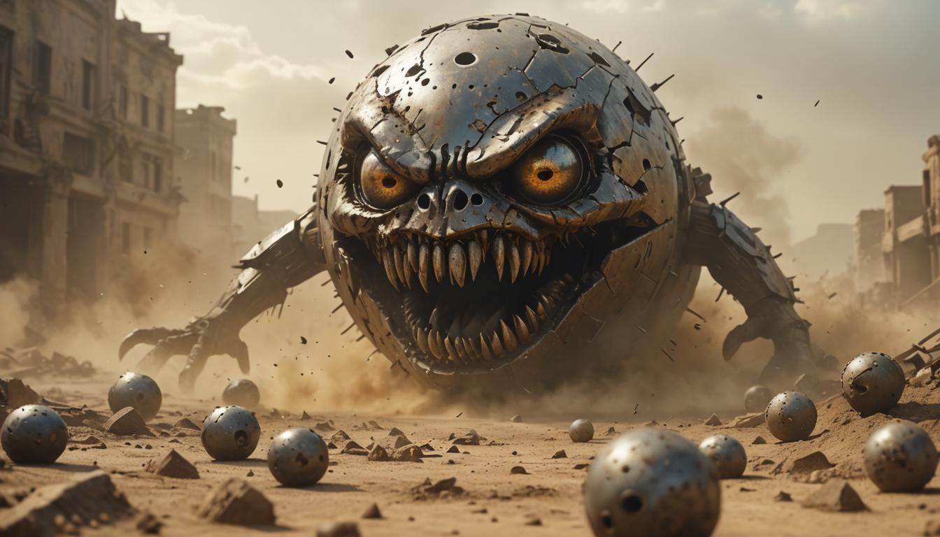 Angry Steampunk Cannonball on Barren Battlefield