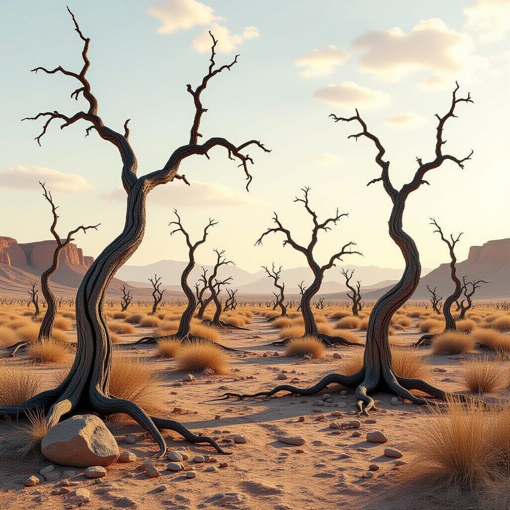 Hyperrealistic Dry Forest Landscape with Arid Trees