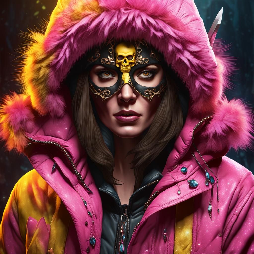 Brunette Assassin with Pink Skull Mask, Dark Fantasy Art