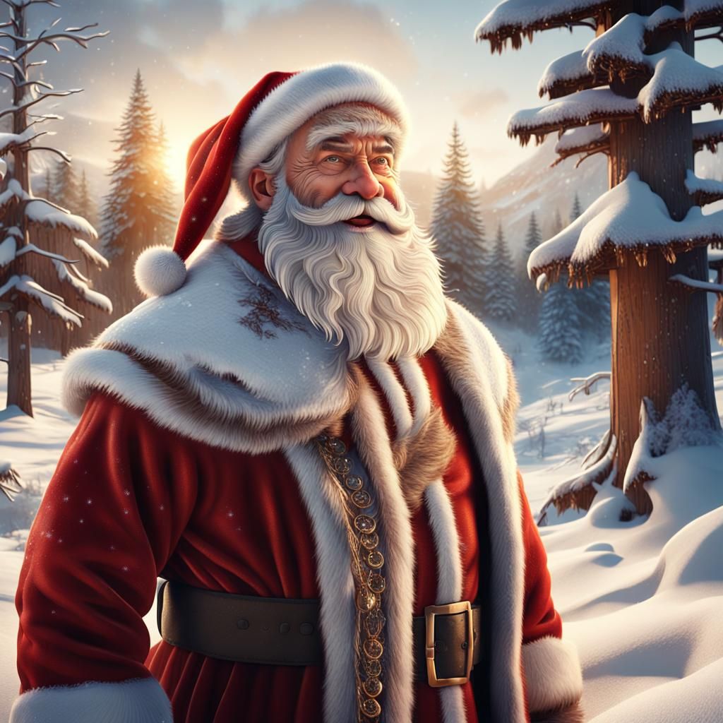 Surreal Santa Claus Surrounded by Winter Wonderland in Photo...