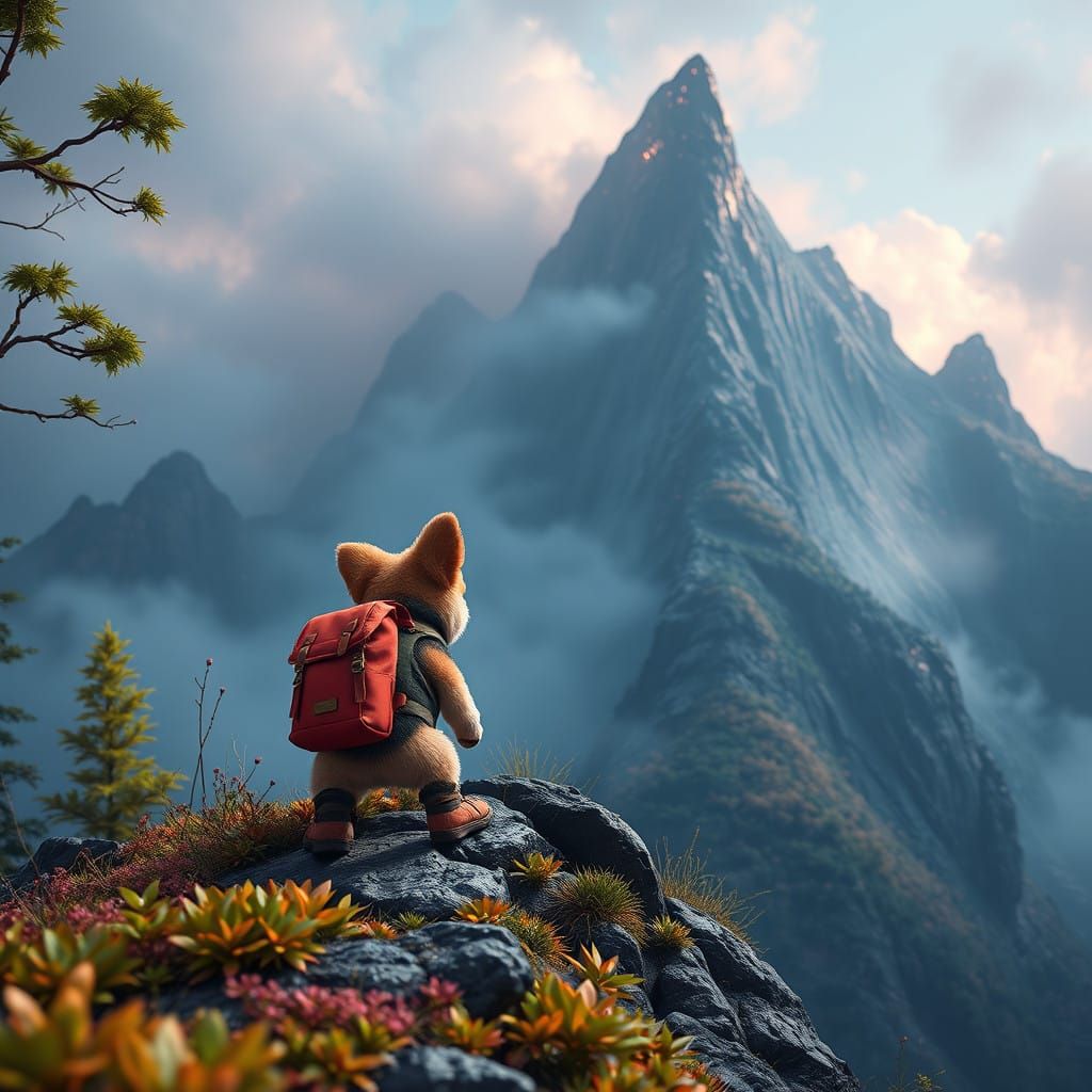 Fantastical Puppy Climbs Ancient Mountain in Watercolor-Insp...