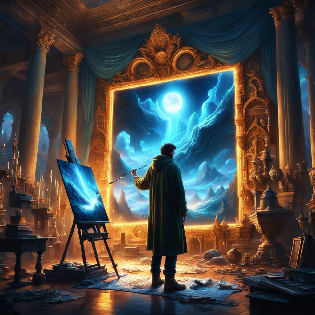 Artist Painting Canvas with Magic Light