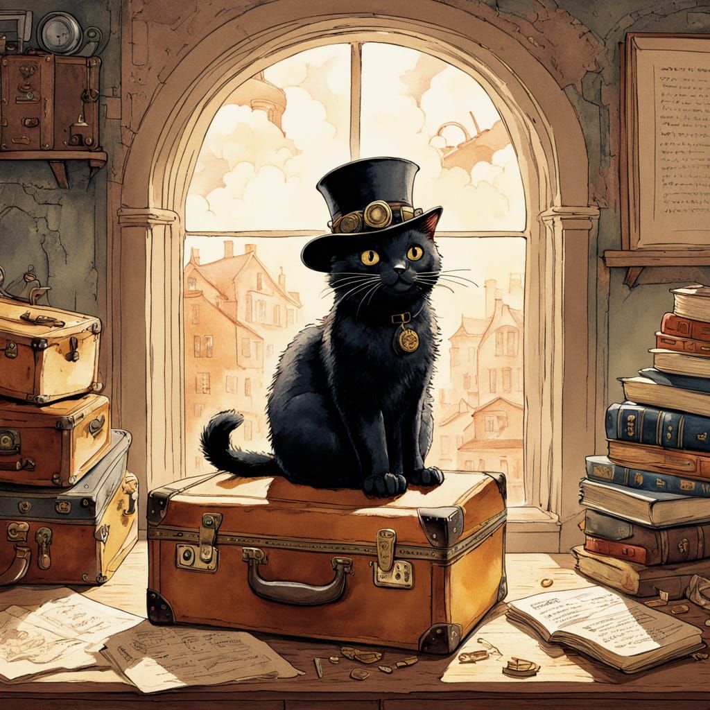 Black Cat Conductor in Watercolor Steampunk Style