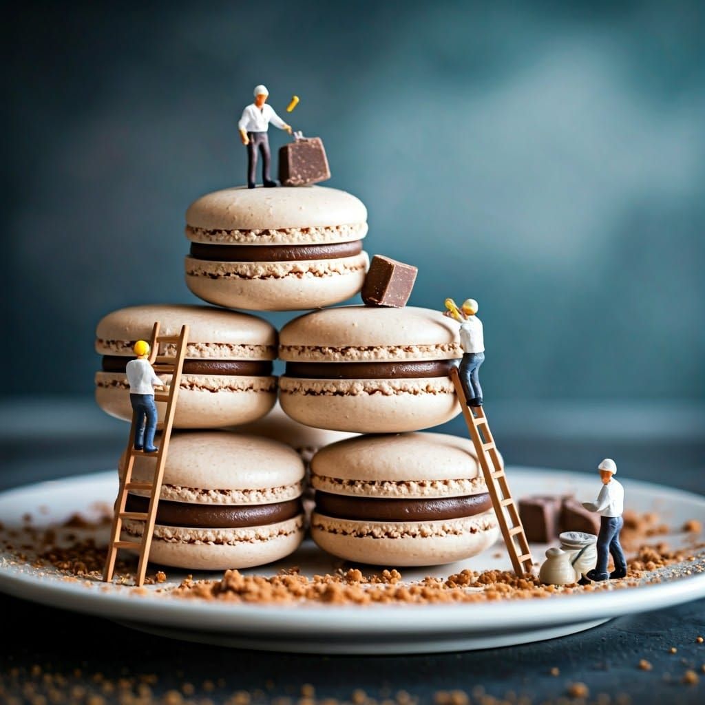 Miniature Construction Workers Craft Macarons in a Moody Blu...