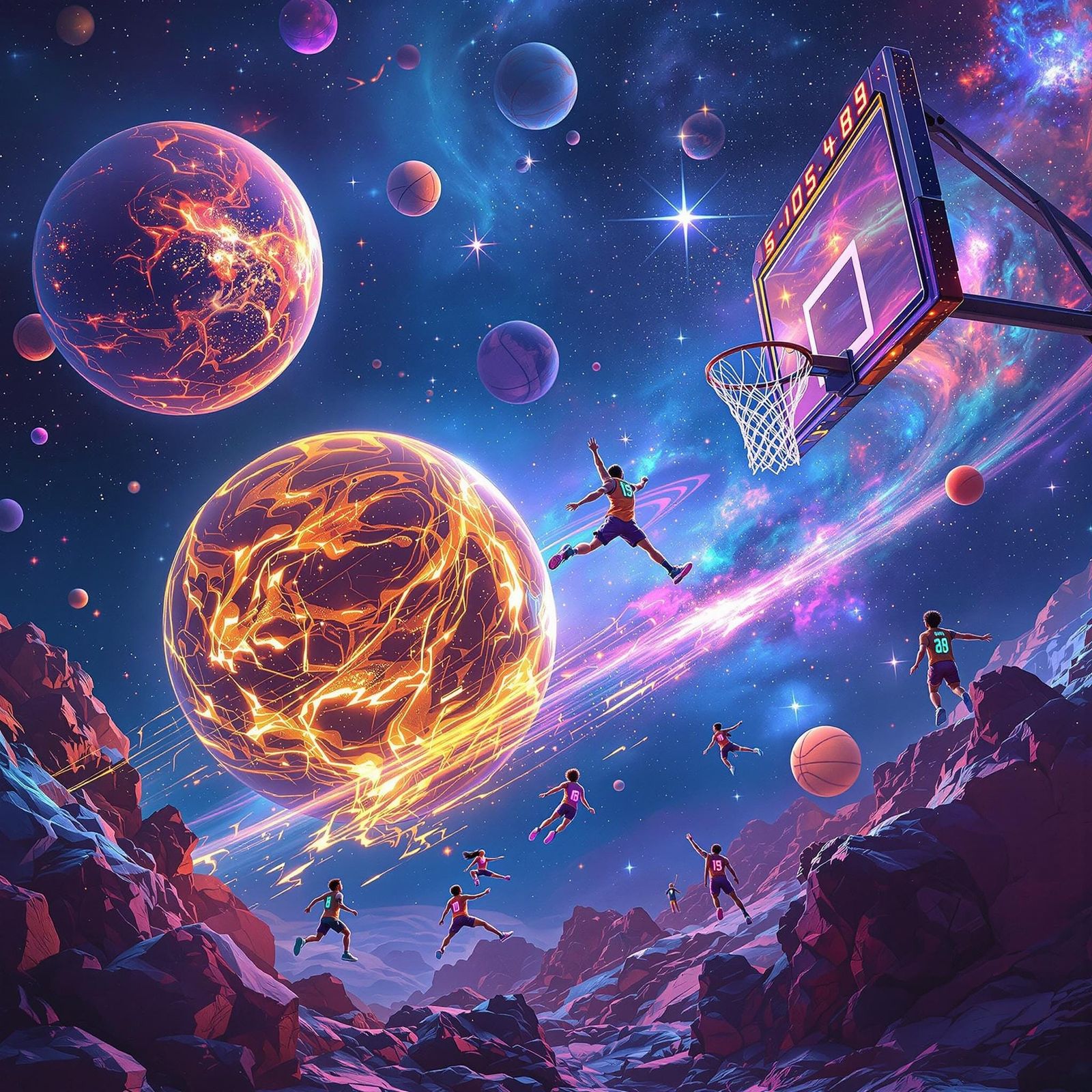 Cosmic Hoops: Vibrant Basketball Players in a Dreamlike Astr...