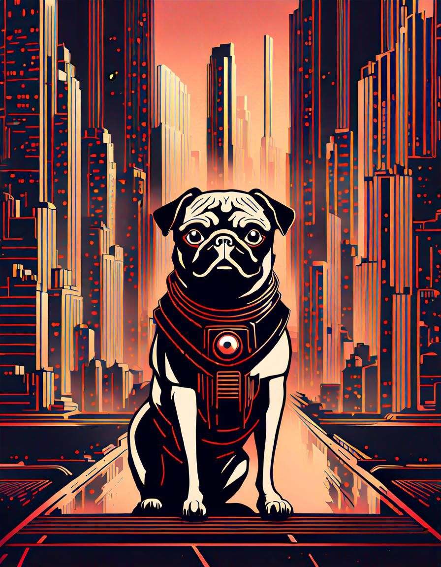 Art Deco Pug in Cyberpunk Cityscape