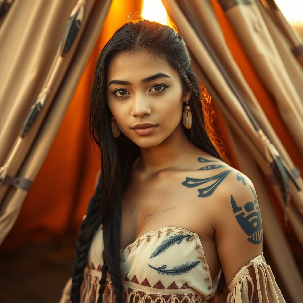 Native American Woman Steps Out of Teepee in Elegant Buckski...