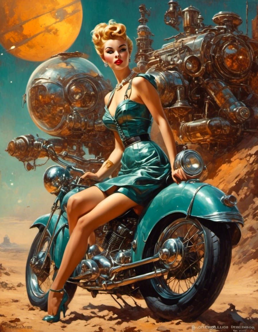 Retro Sci-Fi Pinup with Space Motorcycle