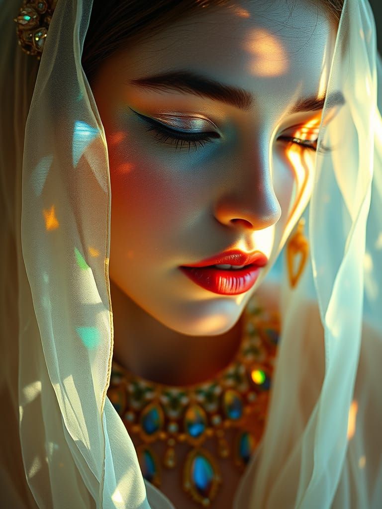 Ethereal Goddess in Stained Glass Beauty with Dreamlike Jewe...