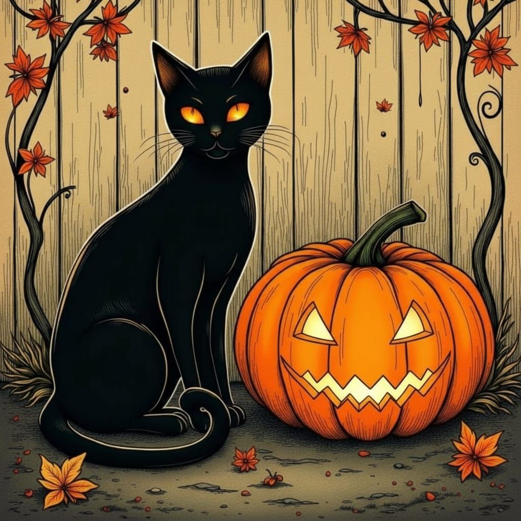 Halloween Cat and Pumpkin in Tattoo Art Style