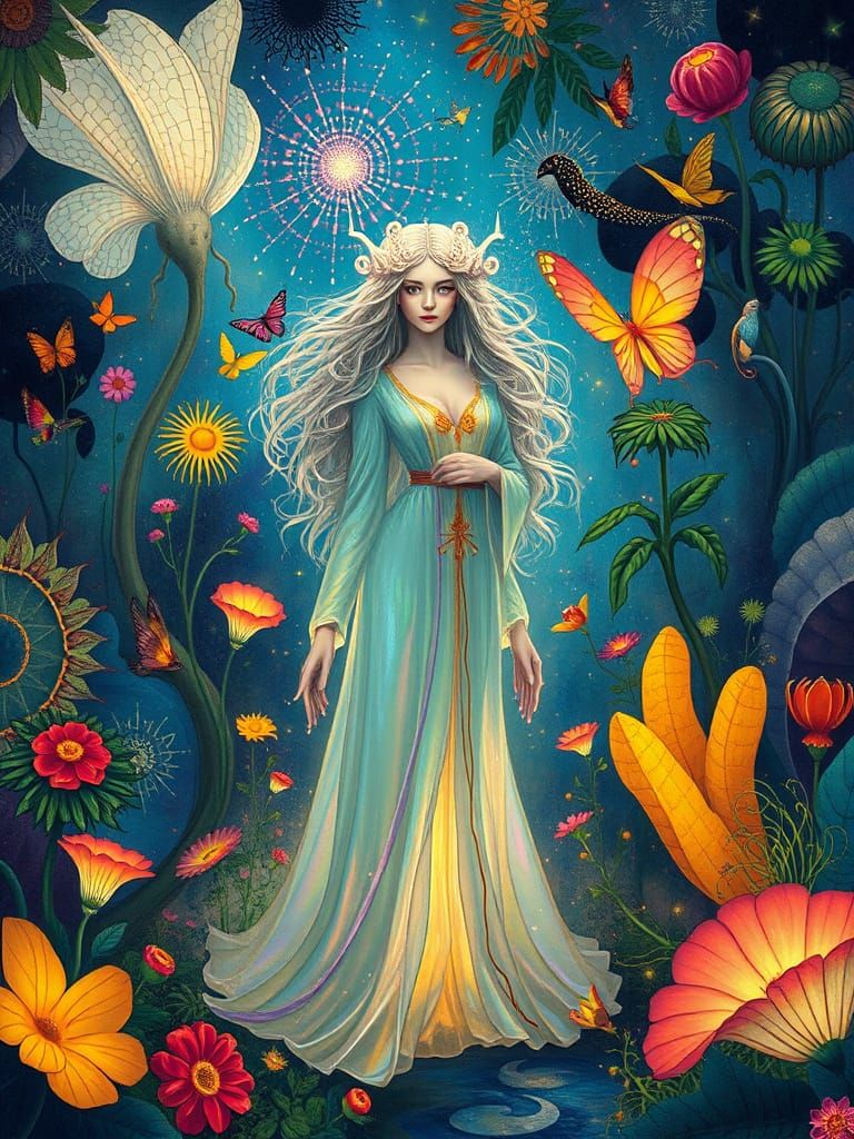 Ethereal Goddess Blodeuwedd Surrounded by Vibrant Fantasy Cr...