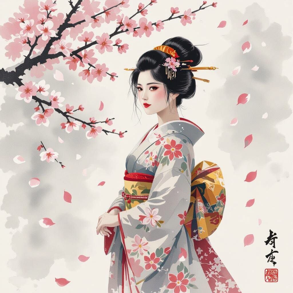 Japanese Woman in Winter, Yamato-e Style Painting