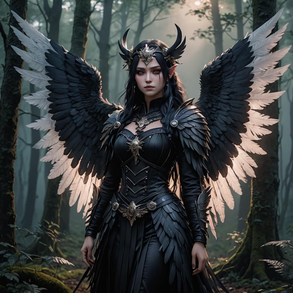 Anime Goth Valkyrie of Death in Misty Forest