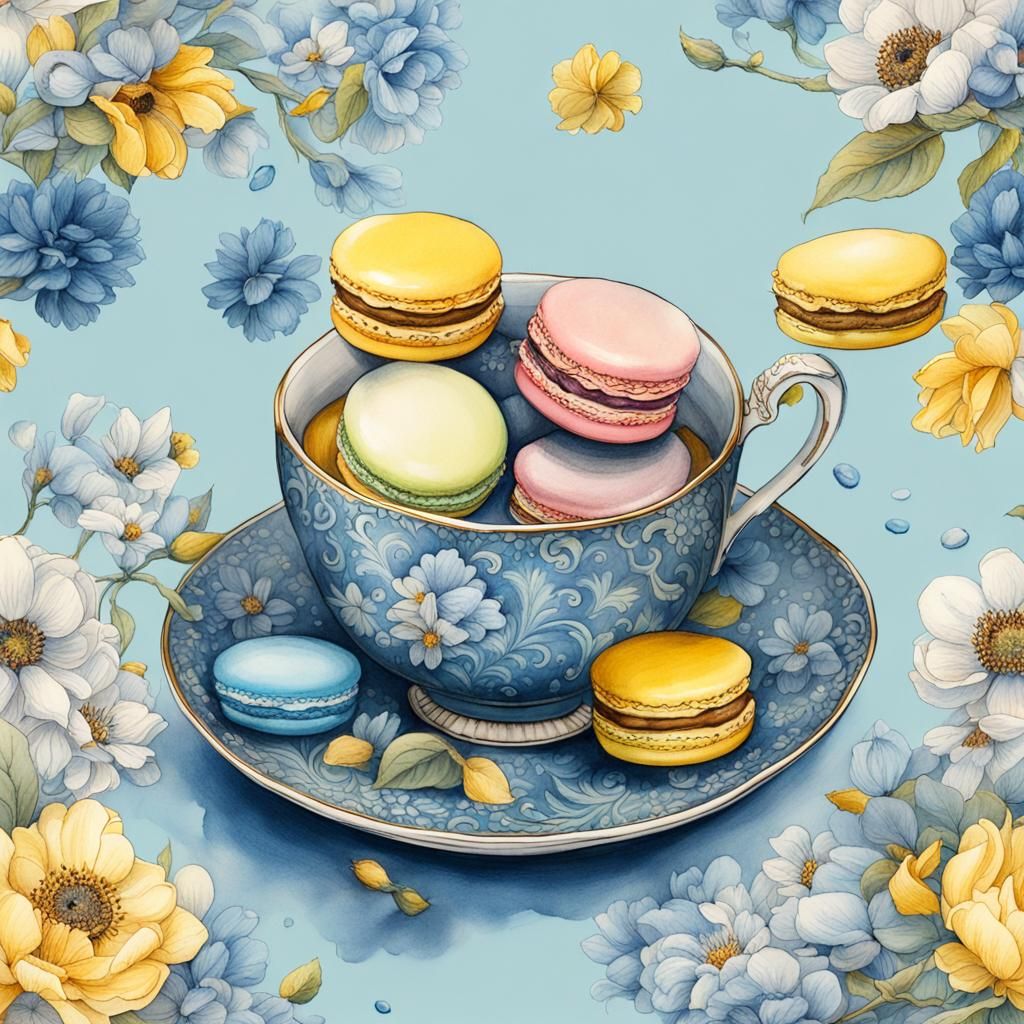 Pastel Tea Set with Macarons: Detailed Matte Painting