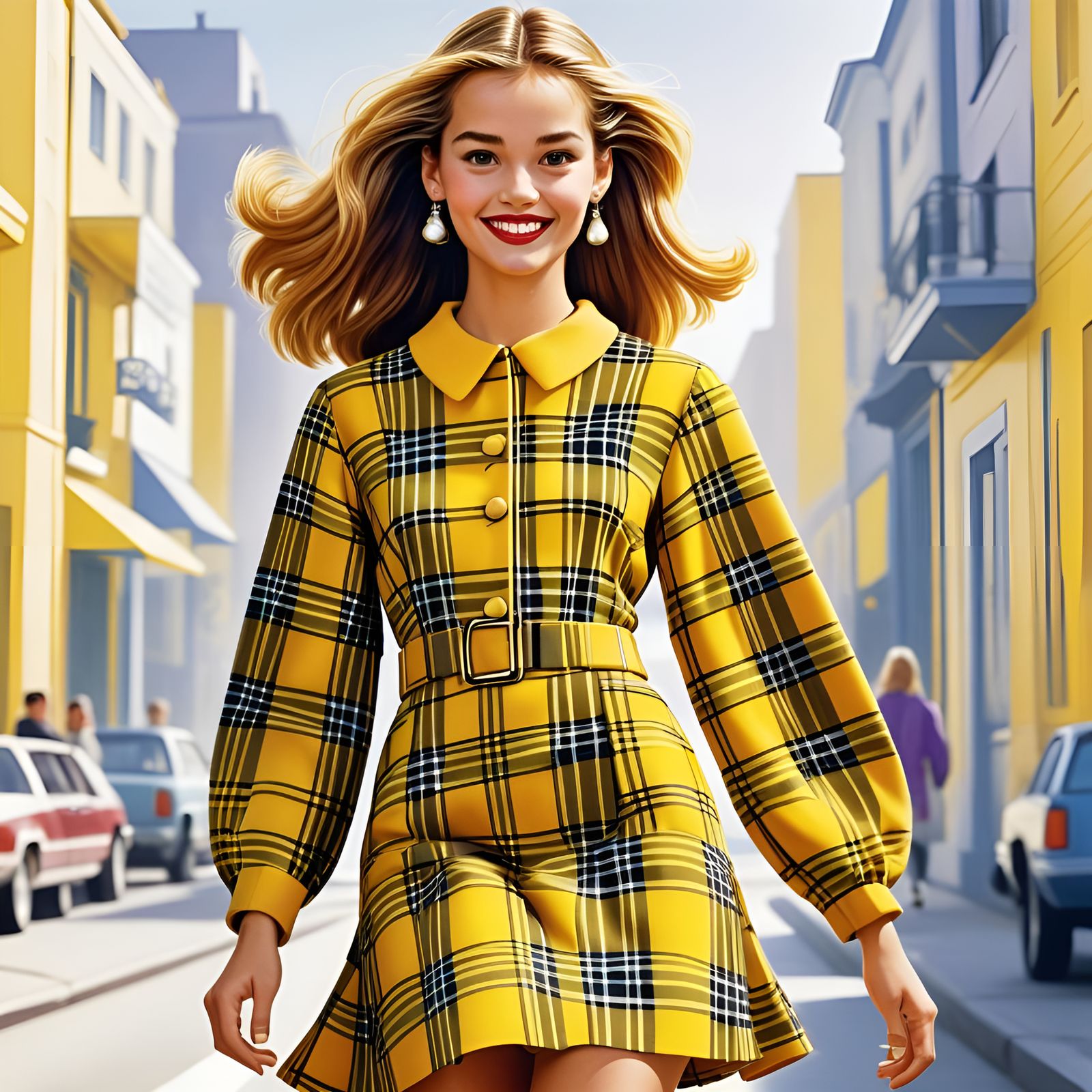Woman in Yellow Plaid Dress: 90s Fashion Illustration