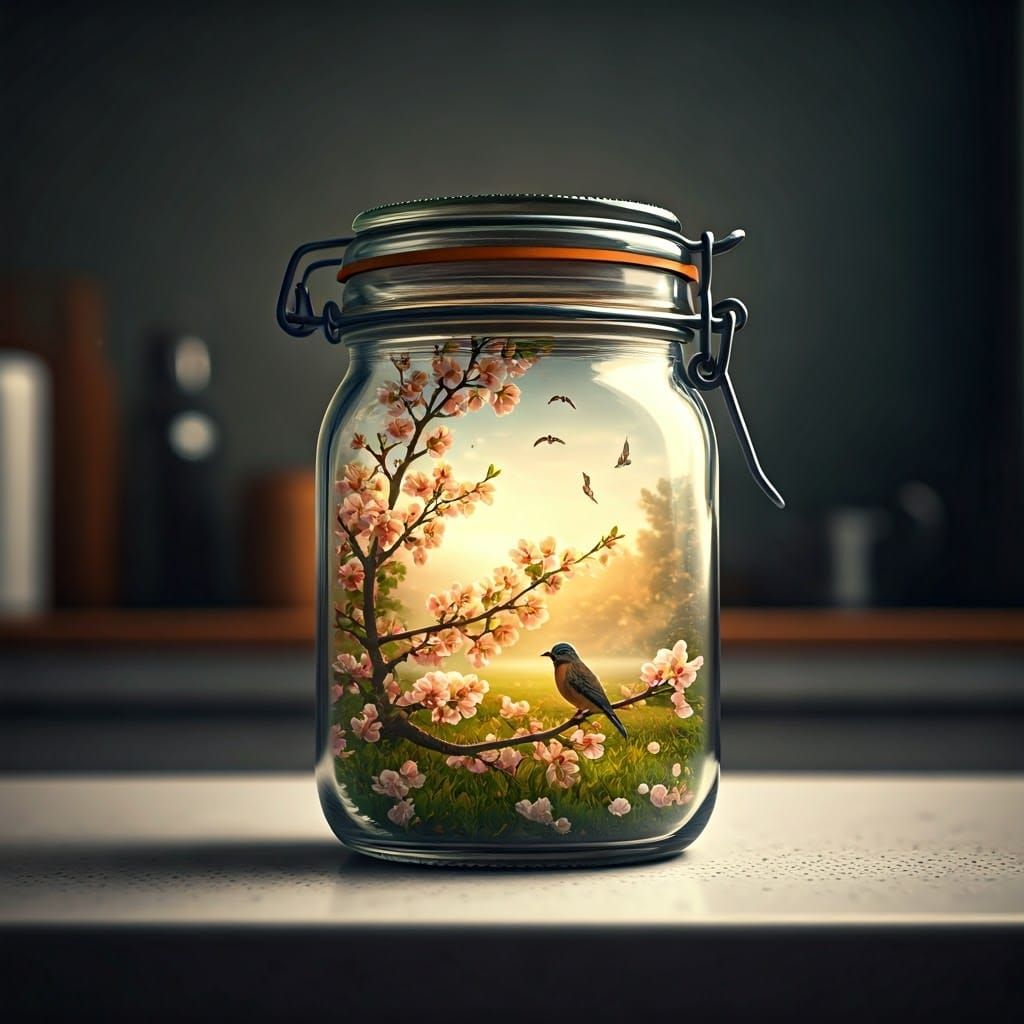 Ethereal Kitchen Scene with Fantastical Spring Landscape