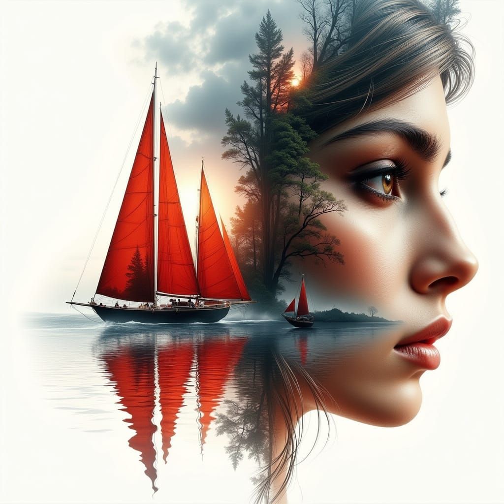 Surreal Double Exposure: Sailboat and Girl in Digital Art