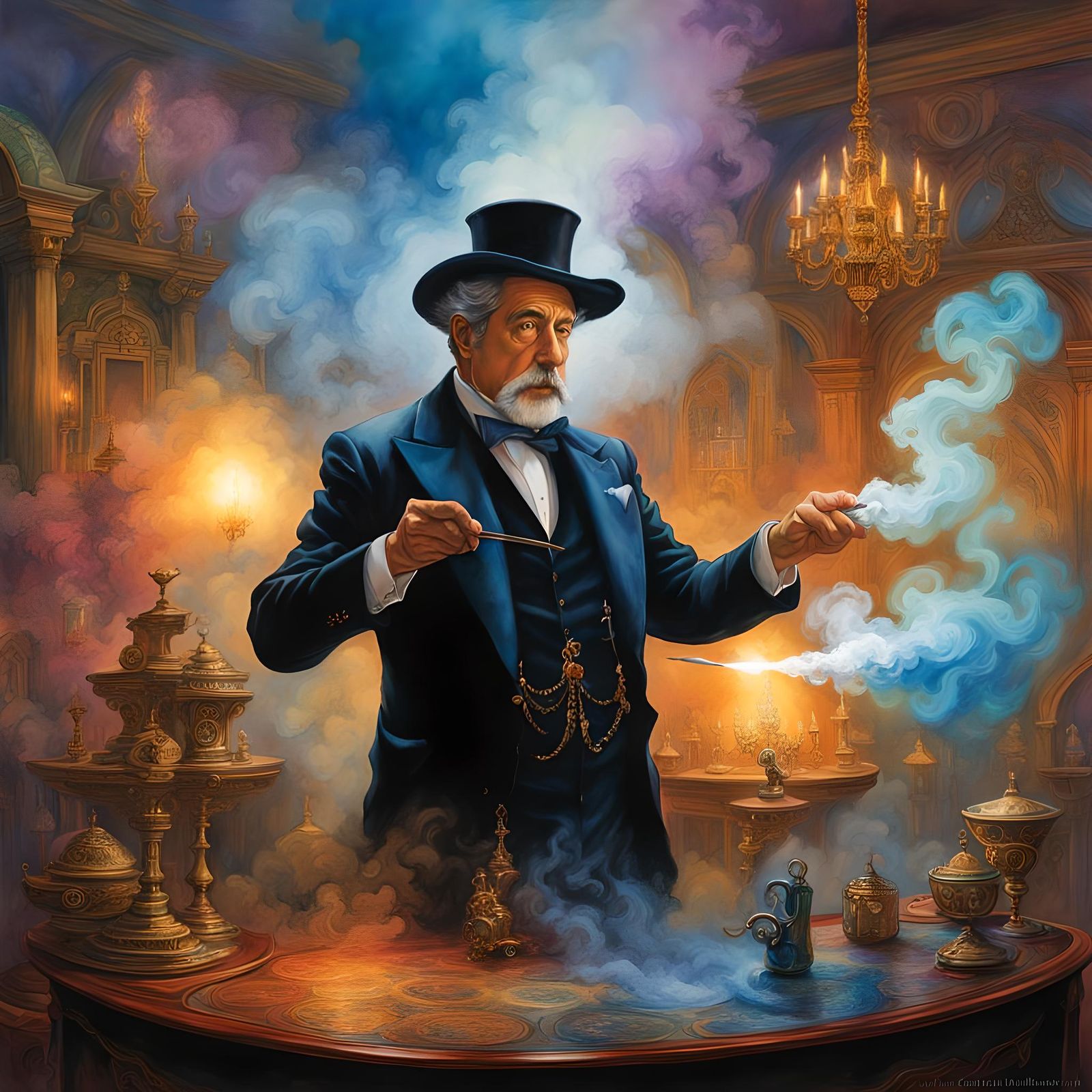 Magician Disappearing in Smoke, Watercolor Ink Drawing