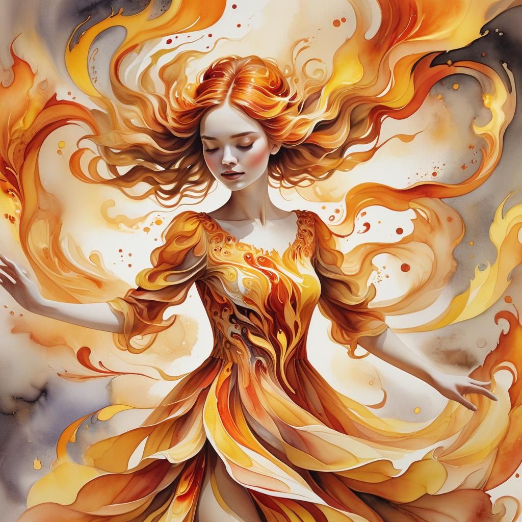 Girl in Flames: Whimsical Watercolour Art