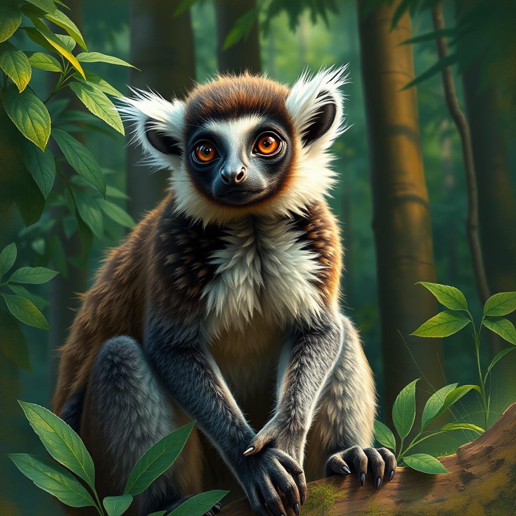 Rugged Lemur in Lush Forest, Wildlife Art