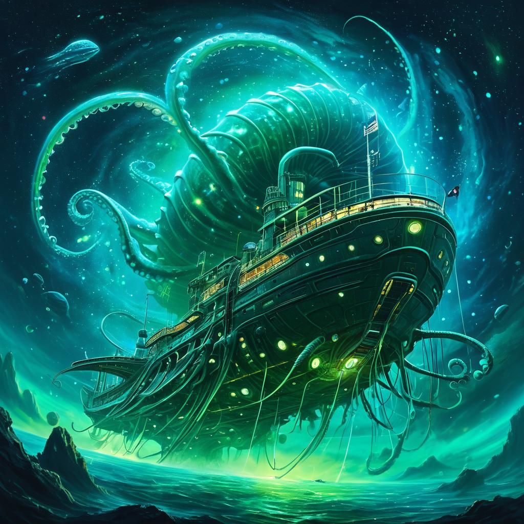 Bioluminescent Sci-Fi Nautiloid Ship in Space Nebula