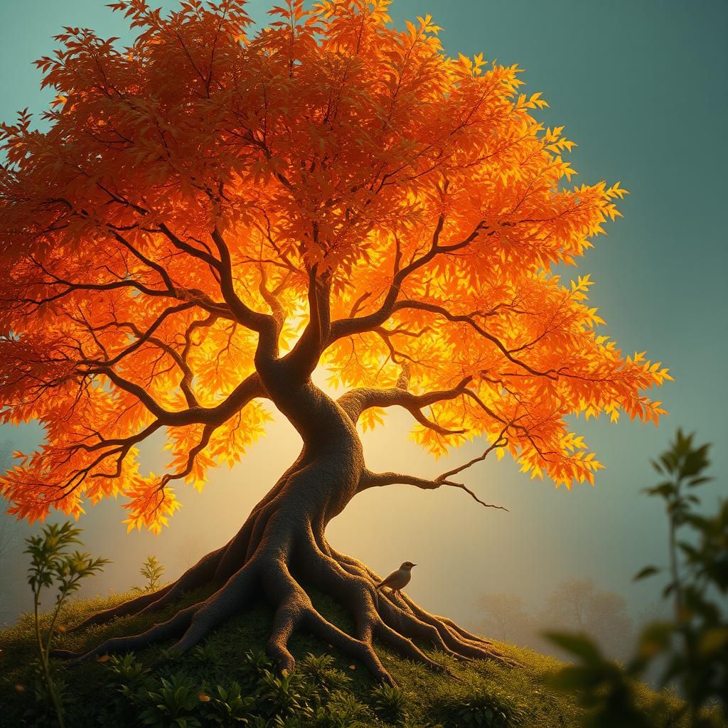 Autumn Tree with Bird, Fantasy Concept Art