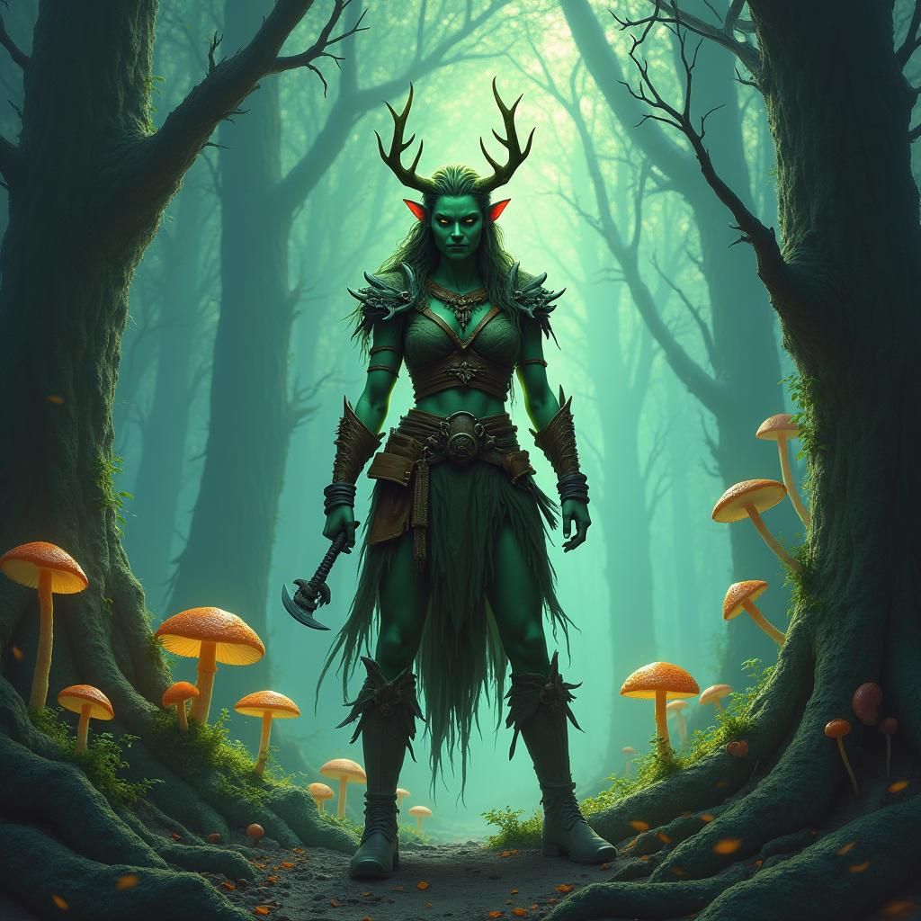 Female Orc Druid in Misty Forest, Matte Painting