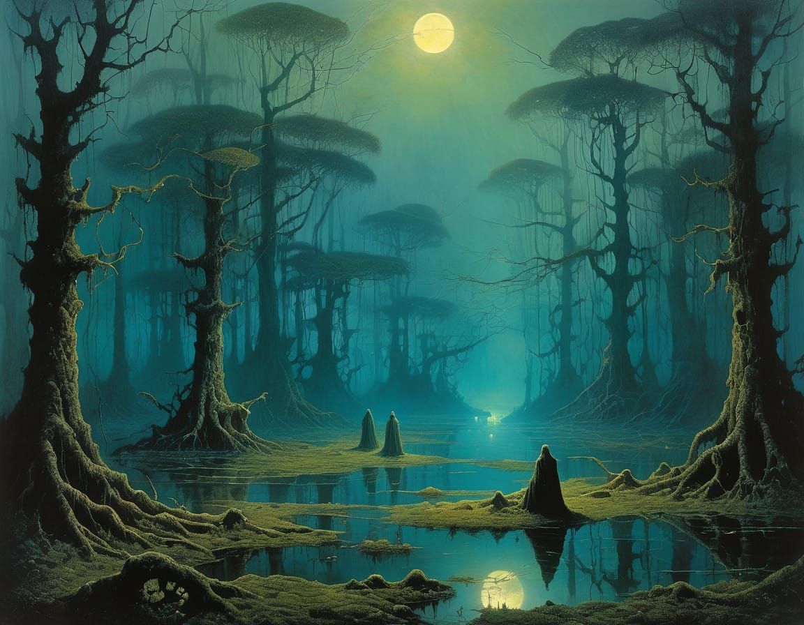 Moonlit Fairies in a Twisted, Mystical Swamp Scene