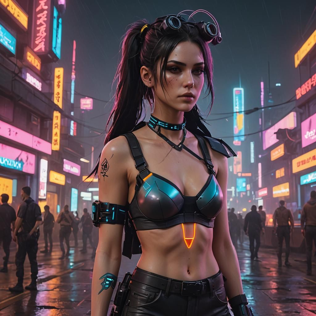 Cyberpunk Girl in Bra with Neon Lighting