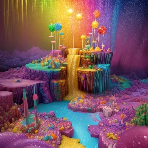 Whimsical Candy Landscape with Syrups and Sweets
